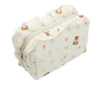 Quilted Makeup Bag 1pcs Bear Bow Quilted Octagonal Makeup Bag, Ruffle Design Cute Travel Toiletry,Fashion Portable Make Up(Beige)