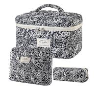 Quilted Makeup Bag 3 Pieces Quilted Large Cotton Beauty Pouch with Zipper
