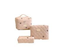 Quilted Makeup Bag 3pcs Sets Bow Flower Quilted Makeup Bag Women Cosmetic Organizer Female Handbag Toiletry Case for Travel(Pink)