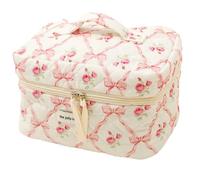 Quilted Makeup Bag, 9.8x5.9x6.3 Cute Bow Makeup Bag, Cotton Floral Coquette with Handle and Zipper, Travel Aesthetic for Women and Girls Gifts, Cosmetic Bags