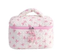 Quilted Makeup Bag, Aesthetic Cute Bow Quilted Pouch, Large Capacity Cosmetic Holder Case, Reusable Makeup Storage Organizer for Travel, Toiletries 8.86 x 5.91 x 5.91 inches, pink, Se référer au