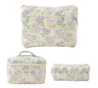 Quilted Makeup Bag | Aesthetic Makeup Bag 3 Piece Cosmetic Bag Floral Cosmetic Pouch Travel Toiletry Bag Organizer for Women and FI, Blue Flower Large Handbag + Medium + Small, Se référer au