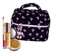 Quilted Makeup Bag - Aesthetic Quilted Pouch with Cute Bow, Cosmetic Holder Case, Reusable Makeup Storage Organizer, Large Capacity Travel Bag | Toi, Black, Se référer au descriptif, Refer to