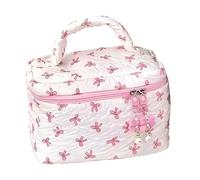 Quilted Makeup Bag - Aesthetic Quilted Pouch with Cute Bow, Cosmetic Holder Case, Reusable Makeup Storage Organizer, Large Capacity Travel Bag | Toi, pink, Se référer au descriptif, Refer to