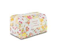 Quilted Makeup Bag Cute Floral Cotton Make up Bag Puffy Coquette Makeup pouch Aesthetic Cute Travel Toiletry Bag for Women Girls, Yellow florals-S