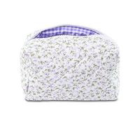 Quilted Makeup Bag Floral Cotton Make up Bag Puffy Coquette Makeup pouch Aesthetic Cute Travel Toiletry Bag for Women Girls, Purple florals