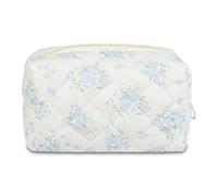 Quilted Makeup Bag Floral Cotton Make up Bag Puffy Coquette Makeup pouch Aesthetic Cute Travel Toiletry Bag for Women Girls, Blue roses