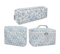 Quilted Makeup Bag - Floral Makeup Bag | Skincare Bags | 3X Cotton Flower Aesthetic Organizer Bag | Large Capacity Portable Cute Cosmetic Organiser for Women, Teens, Girls