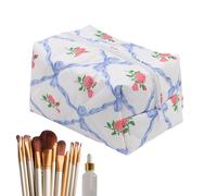 Quilted Makeup Bag - Floral Toiletry Organizer, Portable Cosmetic Case, Soft Case | Travel Makeup Organization for Women and Rag Bathroom Vanity, blue, Please refer to the description, Please refer to