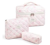 Quilted Makeup Bag, Large Capacity Travel Cosmetic Bag for Women and Girls, Aesthetic Storage for Daily and Travel Use, Pink, 3pcs-pink Slimbow
