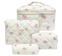 Quilted Makeup Bag, Large Capacity Travel Cosmetic Bag for Women and Girls, Aesthetic Storage for Daily and Travel Use, Pink, 4pcs-pinkbow