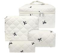 Quilted Makeup Bag, Large Capacity Travel Cosmetic Bag for Women and Girls, Aesthetic Storage for Daily and Travel Use (4pcs-embroidered Bow)