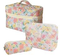 Quilted Makeup Bag, Large Capacity Travel Cosmetic Bag for Women and Girls, Aesthetic Storage for Daily and Travel Use (3pcs-floweroilpainting Print)