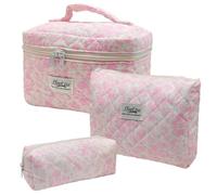 Quilted Makeup Bag,Large Capacity Travel Cosmetic Bag for Women and Girls,Aesthetic Storage,Suitable for Daily and Travel Use, Pink Bow