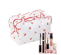 Quilted Makeup Bag - Ruffled Floral Cosmetic Organizer, Portable Travel Pouch, Elegant Aesthetic Zipper Case, Lightweight Beauty Storage | Handbag for Girls Women Daily Use and, white, se beskrivning