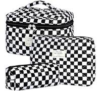 Quilted Makeup Bag Set - 3 PCS Cute Floral Cotton Makeup Bag, Large Coquette Aesthetic Make up Cosmetic Bag, Flower Travel Toiletry Organizer Bags for Women Girls (Checkered Black)