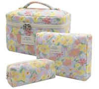Quilted Makeup Bag Set, 3pc Large Floral Cosmetic Bag for Women, Cute Cotton Makeup Bags, Flower Travel Toiletry Organizer Bag (Large Flower), Large Flower, Cute