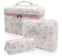 Quilted Makeup Bag Set, 3pc Large Floral Cosmetic Bag for Women, Cute Cotton Makeup Bags, Flower Travel Toiletry Organizer Bag (White Pink Small Bow), White Pink Small Bow, Cute