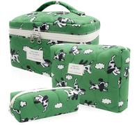 Quilted Makeup Bag Set, 3pc Large Floral Cosmetic Bag for Women, Cute Cotton Makeup Bags, Flower Travel Toiletry Organizer Bag (Green Dog Print), Green Dog Print, Cute