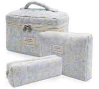 Quilted Makeup Bag Set, 3pc Large Floral Cosmetic Bag for Women, Cute Cotton Makeup Bags, Flower Travel Toiletry Organizer Bag (Green Leaves Blue Flowers), Green Leaves Blue Flowers, Cute