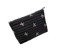 Quilted Makeup Organizers Embroidered Bowknot Design Spacious Washable Cosmetic Storage Bag for Travel Essential Embroidery Bowknot Storage Bag