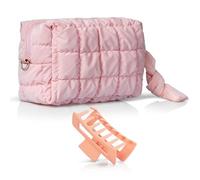 Quilted Pink Makeup Bag, Cute Puffer Makeup Pouch, Small Travel Toiletry Organizer for Women, Soft Padded Cosmetic Case, Includes Pink Hair Clip, Stylish Gift for Girls & Ladies