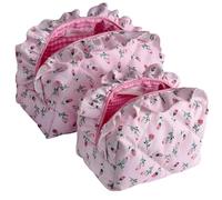Quilted Pink Makeup Bag Set of 2 with Floral Rose Design, Checkered Interior, Ruffled Details, Cute Cosmetic Pouches for Women, Coquette Accessories, Travel Pouch, Toiletry Travel Bag, Gift Sets