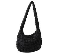 Quilted Tote Bag Cotton Padded Puffy Shoulder Bag Puffer Crossbody Hobo Bag Padding Purse Lightweight Large Handbag for Women, Black, 45x31x11cm/17.72x12.20x4.33in, shoulder strap 90cm/35.43in