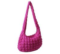 Quilted Tote Bag Cotton Padded Puffy Shoulder Bag Puffer Crossbody Hobo Bag Padding Purse Lightweight Large Handbag for Women, Rose Red, 45x31x11cm/17.72x12.20x4.33in, shoulder strap 90cm/35.43in