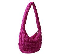 Quilted Tote Bag Cotton Padded Puffy Shoulder Bag Puffer Crossbody Hobo Bag Padding Purse Lightweight Large Handbag for Women, Rose Red-1, L