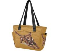 Quilted Tote Bag Lightweight Work Bags Playful Chocolate Labrador | For Work College Travel Gym Shopping, Fits 15.6 Inch Laptop