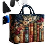 Quilted Tote Bags for Women, Elegant Vintage Design, Canvas, Polyester Cotton, Floral Book Print Purse, Ladies Organizer Bag, Fashionable, or School, College, Work, Travel