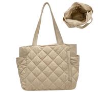 Quilted Tote Purse for Women - Large Capacity Puffer Bag with Zipper Padding and Multi-pockets - Held by Hand or Shoulder - Beige