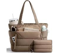 Quilted Travel Bag Large Capacity Puffer Tote Bag for Women with Coin Purse Multiple Pockets Commuting Bags(Dark Khaki)