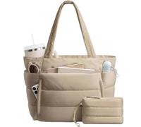 Quilted Travel Bag Large Capacity Puffer Tote Bag for Women with Coin Purse Multiple Pockets Puffy Handbag Casual(Khaki)