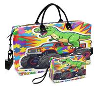 Quilted Travel Duffel Bag Set All-over Printed | Convertible Shape Easy Storage for Sports & Gym Autism Is My Superpower Dino T Rex monsters Truck Kids Boys