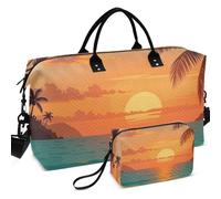 Quilted Travel Duffel Bag Set All-over Printed Mesh Divider pouching Lightweight for Sports & Gym, Beach Tropical Sunset Palm Tree, One Size, Retro