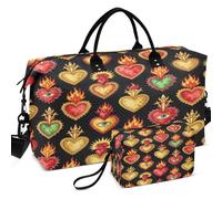 Quilted Travel Duffel Bag Set All-over Printed Mesh Divider pouching Portable for Toiletry Organizer, Hearts Mexican Days of the Dead Latina Milagros, One Size, Retro