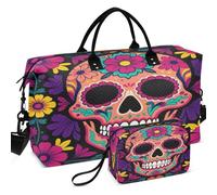 Quilted Travel Duffel Bag Set All-over Printed Mesh Divider pouching Portable for Toiletry Organizer, Bunter Mexikanischer Totensch?del Muster Blumen, One Size, Retro