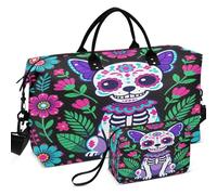 Quilted Travel Duffel Bag Set All-over Printed Mesh Divider pouching Portable for Toiletry Organizer, Chihuahua Sugar Skull Mexico Dog Calavera Dia De, One Size, Retro