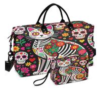 Quilted Travel Duffel Bag Set All-over Printed Mesh Divider pouching Portable for Toiletry Organizer Sugar Skull Cat Cute