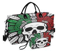 Quilted Travel Duffel Bag Set All-over Printed Mesh Divider pouching Portable for Toiletry Organizer, Mexico Flag - Aztec Warrior Skull Hecho En, One Size, Retro
