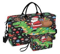 Quilted Travel Duffel Bag Set All-over Printed | Multi Pockets Large Capacity for Daily Storage Funny Santa Riding Dinosaur T Rex Christmas