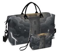 Quilted Travel Duffel Bag Set All-over Printed Multi Pockets Portable for Travel, Lighthouse design stormy sea and lighthouse, One Size, Retro