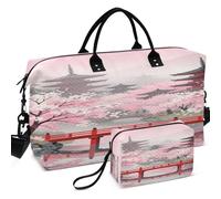 Quilted Travel Duffel Bag Set All-over Printed Trolley Sleeve Large Capacity for Sports & Gym, herry Blossom Japanese Temple with Red Bridge, One Size, Retro