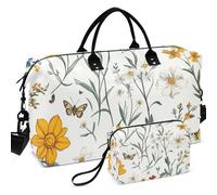 Quilted Travel Duffel Bag Set All-over Printed Trolley Sleeve Lightweight for Daily Storage, Florals Daisy Butterflies white, One Size, Retro
