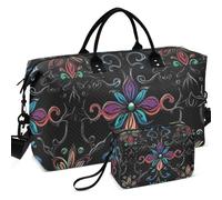 Quilted Travel Duffel Bag Set All-over Printed With Small pouching Easy Storage for Toiletry Organizer, retro floral black, One Size, Retro