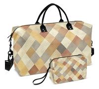 Quilted Travel Duffel Bag Set All-over Printed With Small pouching Easy Storage for Toiletry Organizer, Funny Plaid Check Yellow grey, One Size, Retro