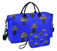 Quilted Travel Duffel Bag Set All-over Printed With Small pouching Large Capacity for All Seasons, Mushroom Navy black, One Size, Retro