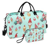Quilted Travel Duffel Bag Set All-over Printed | With Small pouching Large Capacity for Toiletry Organizer Gnome Summer Pattern with Gnomies on Aqua Cute Ice Cream